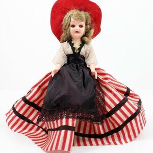 Vintage Plastic Costumed Display Doll Sleep Eyes Frozen Legs Red & White Dress